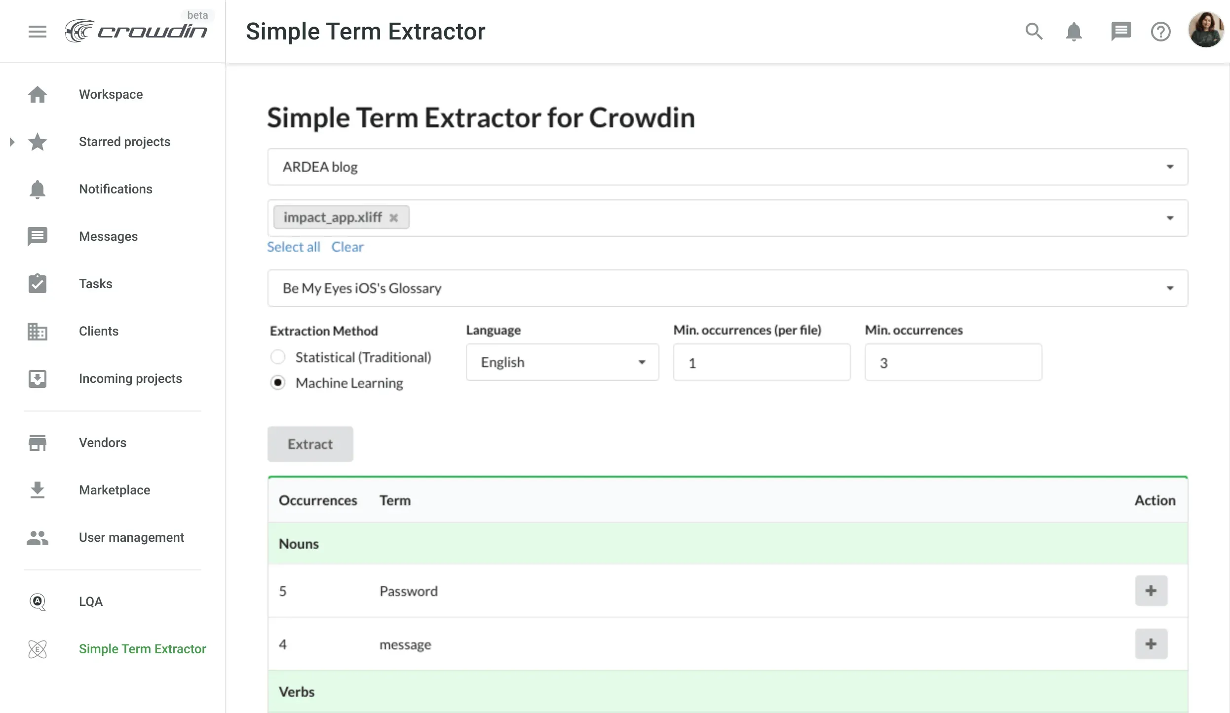 Screenshot of the Term Extractor productivity app.